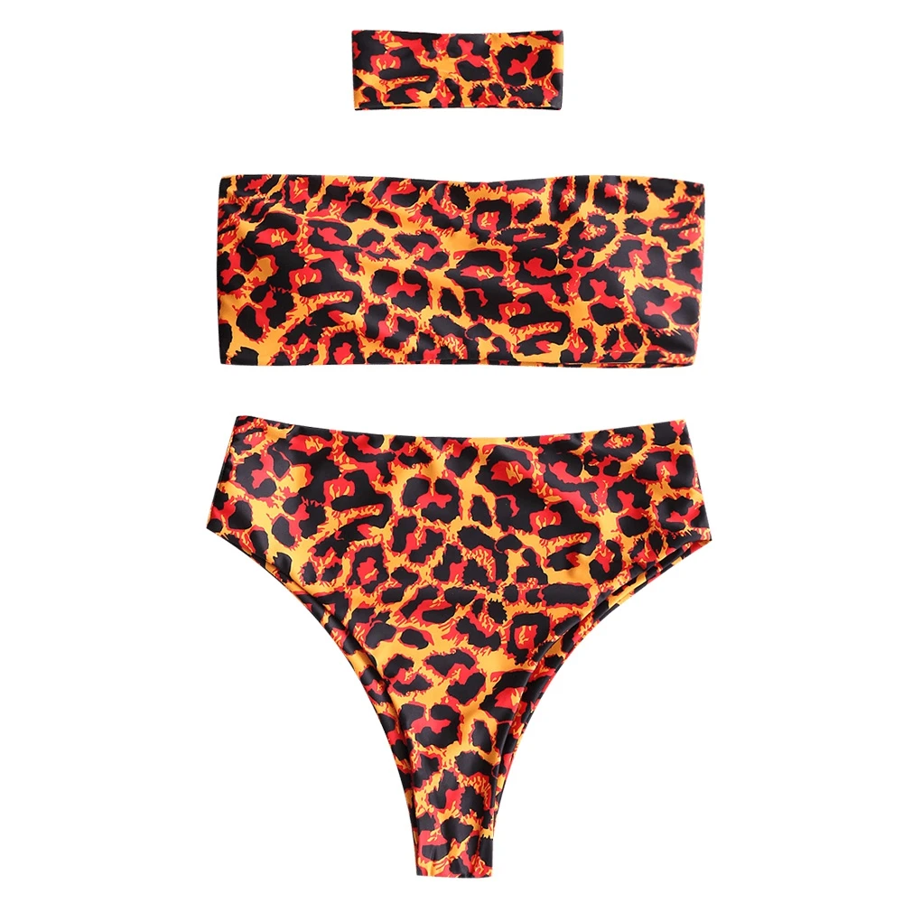 

Women Leopard Strapless Print High Cut Bikini Set with Choker High Waist Bandeau Swimwear Summer Bathing Suit Brazilian Biquni