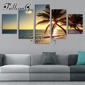 

FULLCANG Full Square Diamond Embroidery Sunset Beach Coconut Tree Seascape Diy Diamond Painting Cross Stitch Mosaic 5PCS G515
