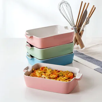 

Ceramic Rectangular Baking Tray Fruit Cheese Risotto Bowl Baking Oven Household tableware Western Food Dinner Plate With Handle