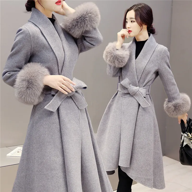 Шерстяное пальто женское приталенное длинное пальто повседневная шерстяная однотонная верхняя одежда с элегантным съемным воротником меховое пальто модное женское пальто размера плюс - Цвет: HuiS