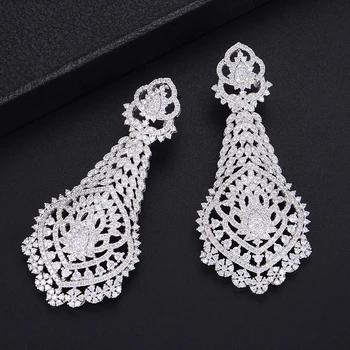 

63mm Fashion Geometry Hollow Flower Shape Full Cubic Zirconia Engagement Party Drop Dangle Earrings Jewelry For Women