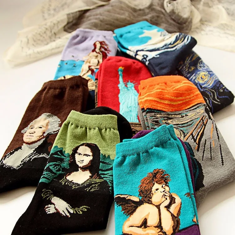 Модные книги по искусству хлопок экипажа печатных носки с картинами узор для женщин мужчин Harajuku дизайн Sox Calcetine Ван Гог Новинка Забавные