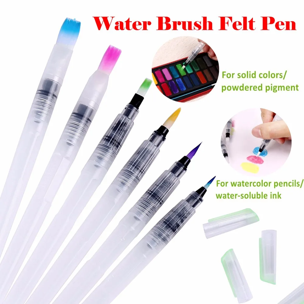 

6 Pcs fine flat tip Watercolor paintbrush draw Solid Colors Water Brush Pen Assorted Brush Tips Watercolor Brushes Set