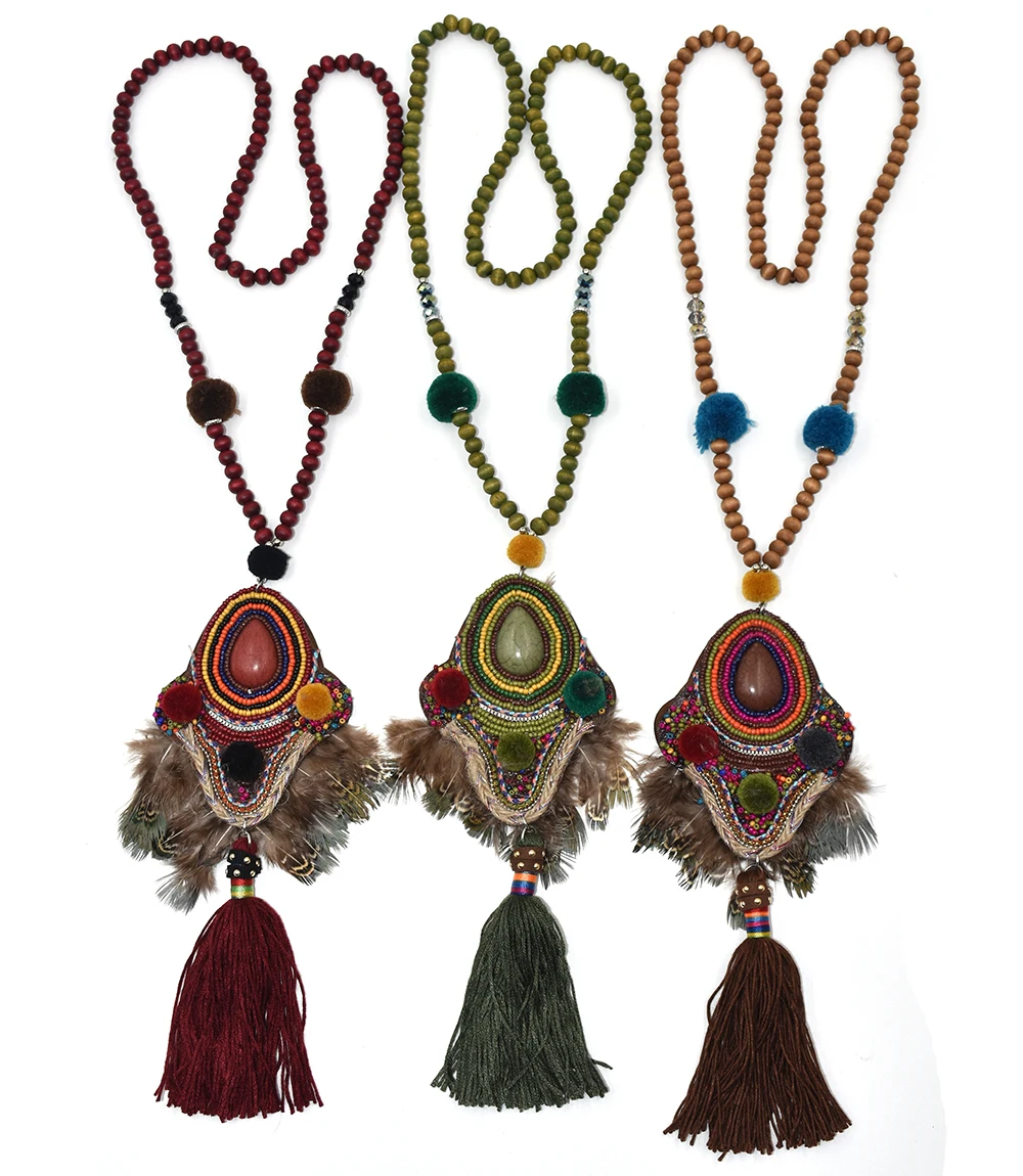 Boho Bohemian military green pendant necklace statement dream catcher swallows angle birds feather pendants Necklace for women