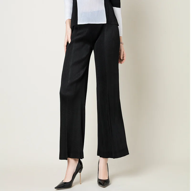 

Spring and summer miyake fold high waistline slimming thin nine-point bell-bottoms wide-legged trousers woman free shipping