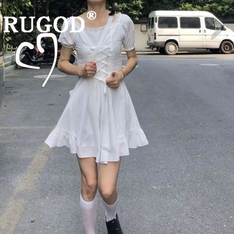 

RUGOD Women solid lolita style dress o neck puff sleeve stringy selvedge lace up slim mini dress new fashion female sweet kawaii