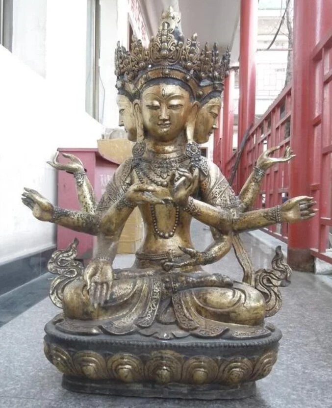

32" China Tibet bronze gild 4 face 8 armed MAHAPRATISARA buddha sculpture statue