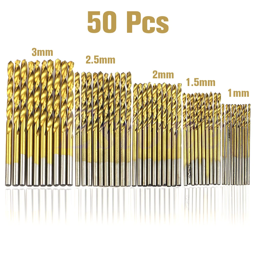 50Pcs 1/1.5/2.0/2.5/3mm Titanium Coated HSS Drill Bit Set Twist Drill Bit High Steel for Woodworking Plastic And Aluminum 50Pcs 1/1.5/2.0/2.5/3mm Titanium Coated HSS Drill Bit Set Twist Drill Bit High Steel for Woodworking Plastic And Aluminum