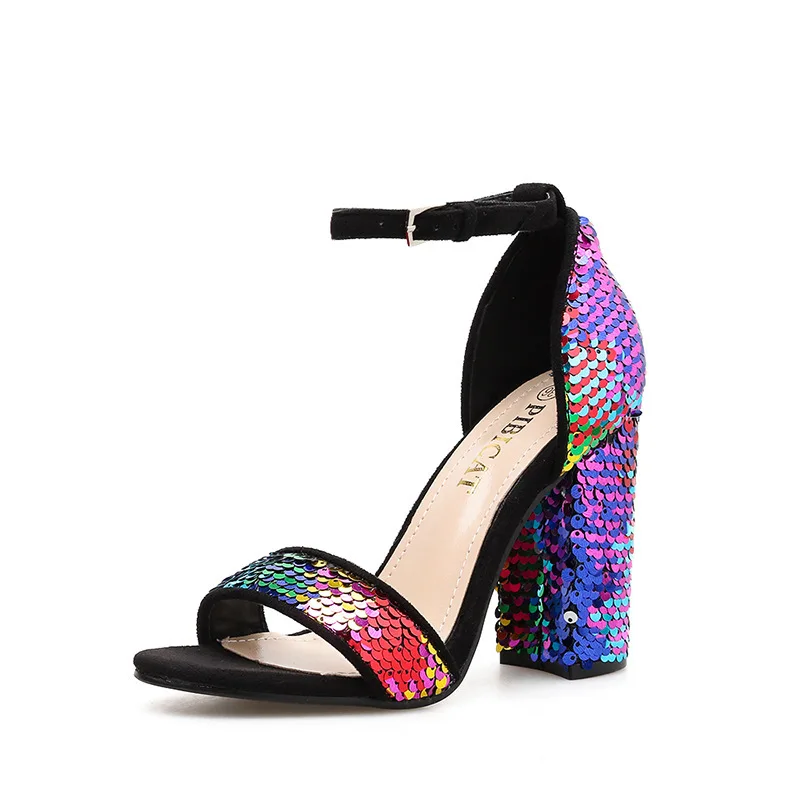 

Fashion Ankle Strap Women Sandals Sequined Cloth Buckle Strap Square heel Open Toe Summer High Heel Shoes Office Sandalias