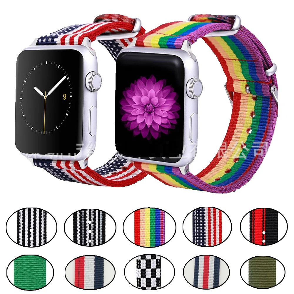 

Flag stripe rainbow soft nylon bands for apple watch 38mm 40mm 44mm series 1 2 3 4 weave Soft Breathable Replacement Straps