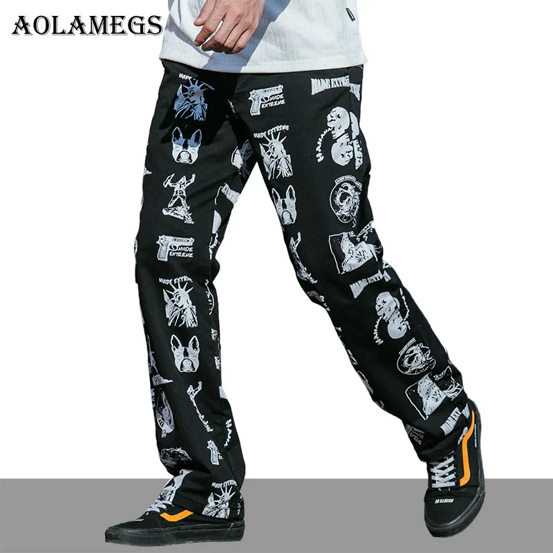 Aolamegs السراويل الرجال الكلب المطبوعة المسار سراويلي حريمي عالية الشارع الهيب هوب أزياء ركض مستقيم Sweatpants الشارع الشهير