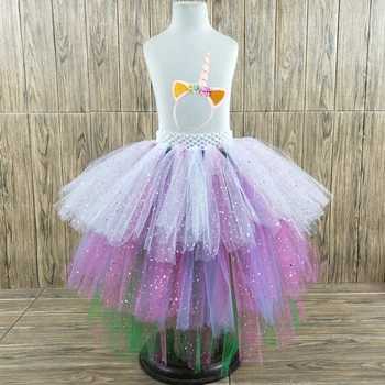 

POSH DREAM Sparkly Tulle Mixed Unicorn Tutu Skirts with Headband Easter Colorful Fluffy Kids Girls Tutu Skirt for Cosplay Party