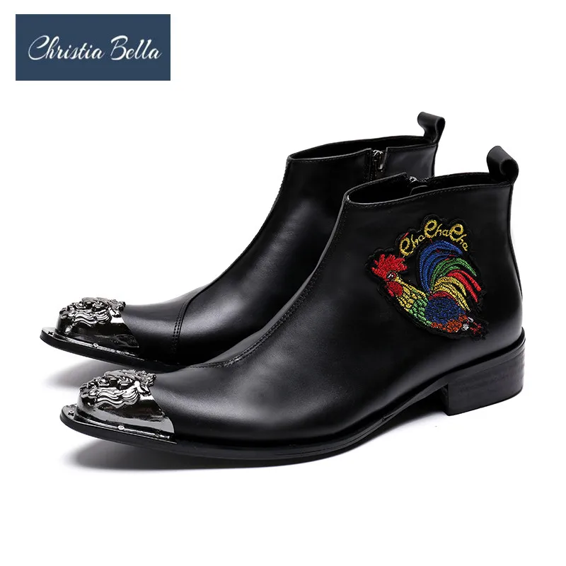 

Christia Bella Genuine Leather Men Boots Men Winter Short Shoes Ankle Boots for Men Motorcycle Booties Embroidery Cowboy Boots