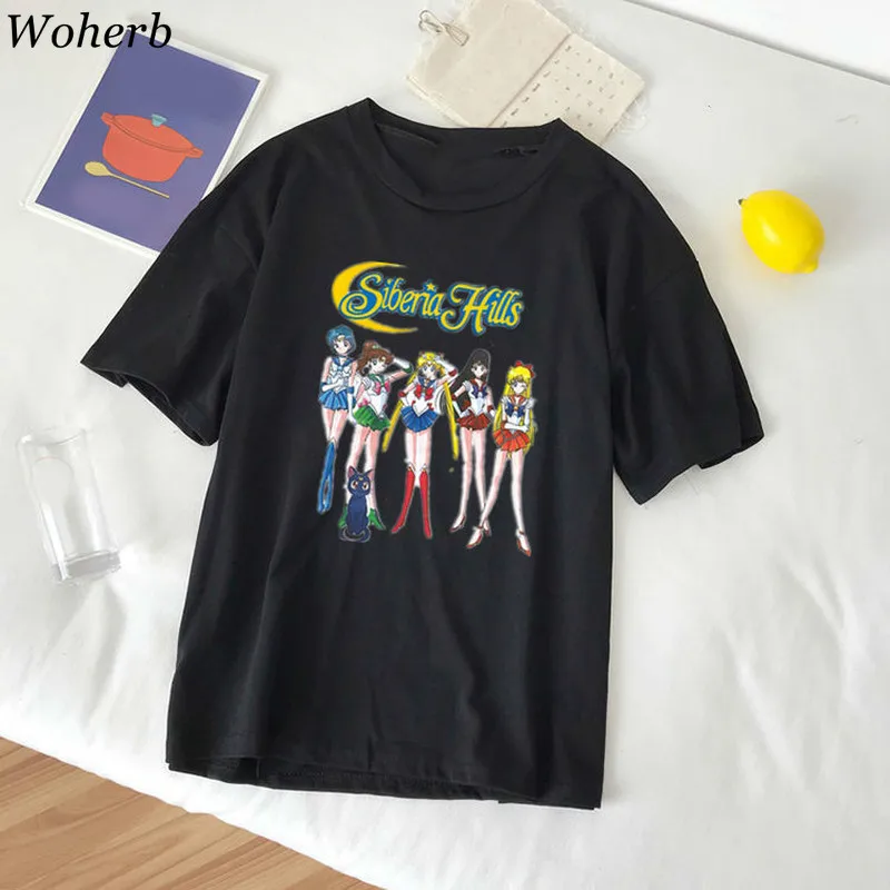 Woherb 100% хлопковая футболка женская летняя свободная для девочек Harajuku Kawaii Сейлор