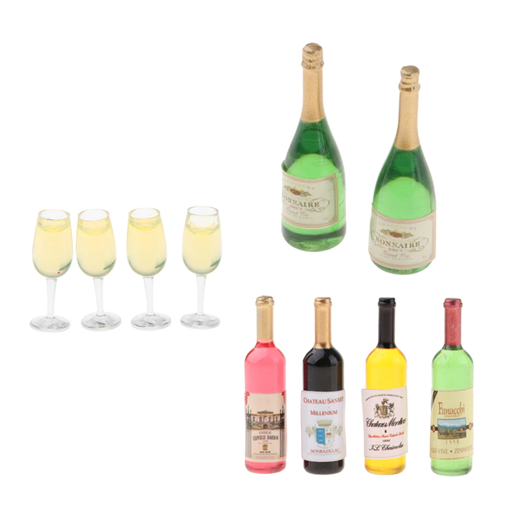 SPMART 1:12 Sacle Dollhouse Miniature Wine Bottles Champagne Bottles and Clear Glasses Model Party Supplies Accessories