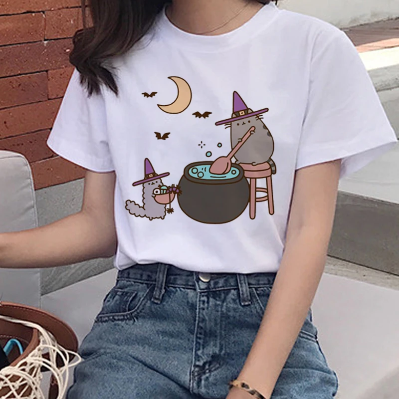 Kawaii Pusheen Cat, женские футболки, Harajuku Ullzang, забавная футболка, 90 s, мультяшный принт, футболка, графический корейский стиль, женские футболки - Цвет: 5541