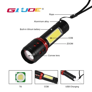 

GIJOE led mini flashlight T6 aluminum alloy torch built-in battery sub rechargeable cob tactical light waterproof zoomable lamp