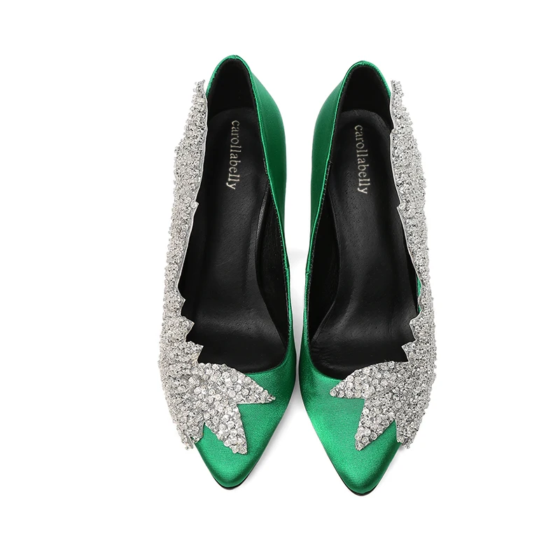 Carollabelly Брендовая обувь с украшением в виде кристаллов Для женщин высокий каблук стразы лист гладиаторы; свадебные туфли из натуральной кожи с заостренным носком на высоком каблуке
