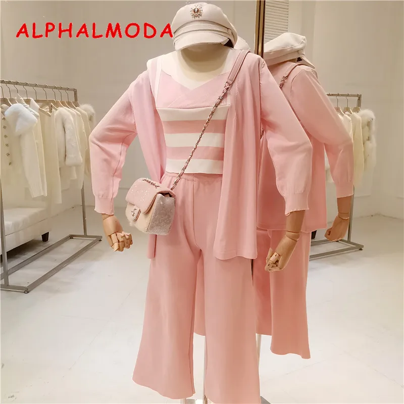 

ALPHALMODA Women Spring Sets Striped Suspender Vest + Long-sleeved Slim Cardigan + Wide-legged Trousers 3pcs Knitted Suit