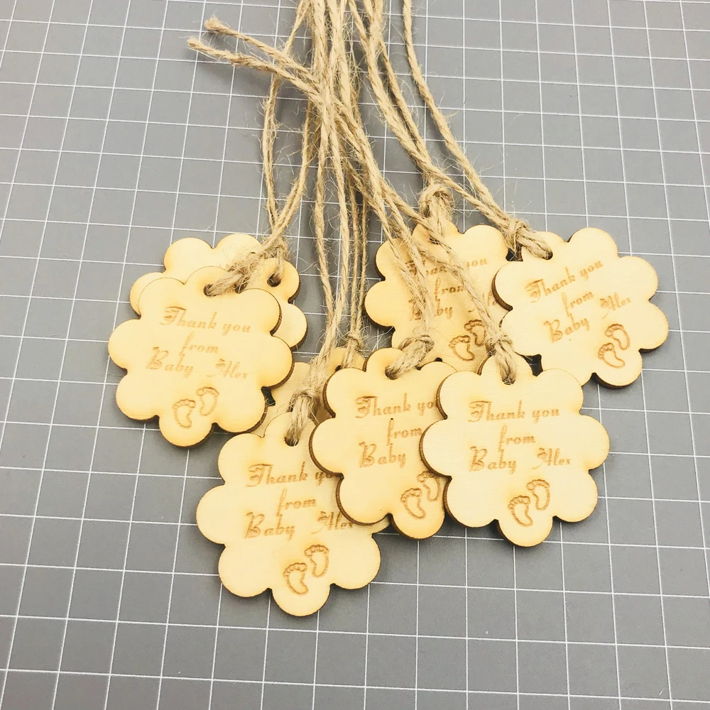 50pcsPersonalized custom Engraved wedding Baby shower wood Wedding Gift Tags+Jute String ,Thank you baby shower flower wood Tags 4