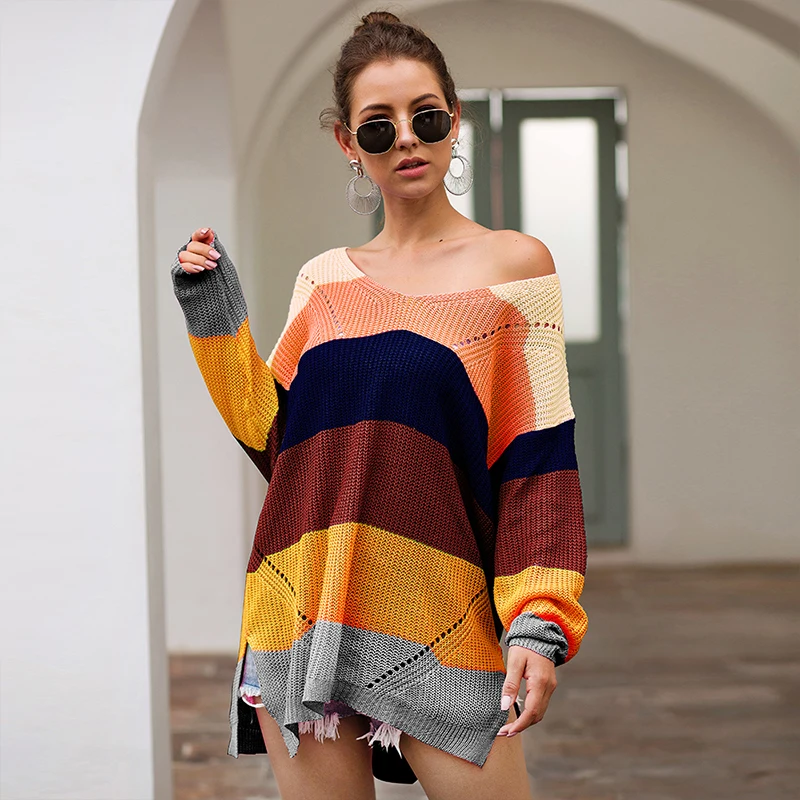 

Women's Top Fashion Knit Sweater Cover Rainbow Stripes Color Matching Loose Long Sleeve Women's Sweaters Casual Sweater 2019 NEW