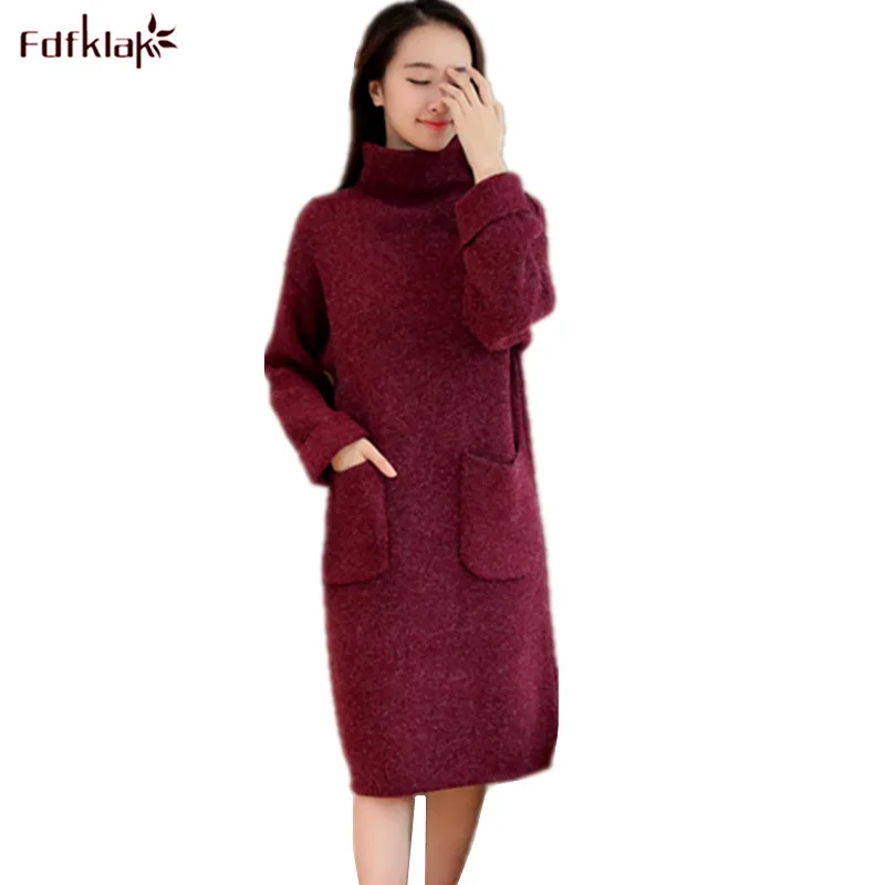 Fdfklak Women's Winter Dresses Long Sleve Elegant Autumn Women Dress Stand Collar Wool Warm Dress Female Vestidos 2018 New