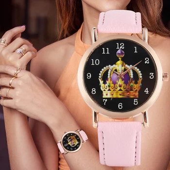 

Women's Golden Crown Pattern Quartz Watch Comfortable Leather Strap Practical Arabic Numerals Dial Wristwatch Reloj Mujer Clock