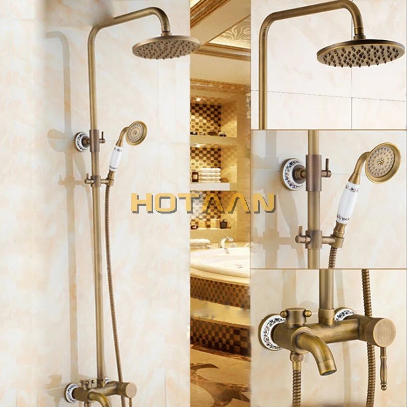 8" Antique Brass Rainfall  Shower Faucet Shower Head Hand Shower Mixer Tap Set 