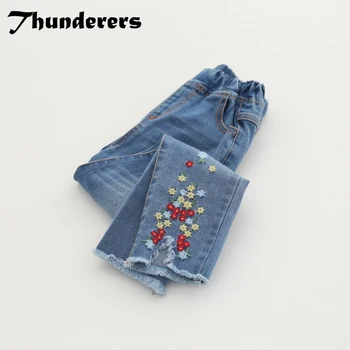 

Thunderers Girl Blue Jeans Embroidery Flower Denim Children's Trousers Lovely 24M-7Y Cotton Kids Long Pants Girl Clothes