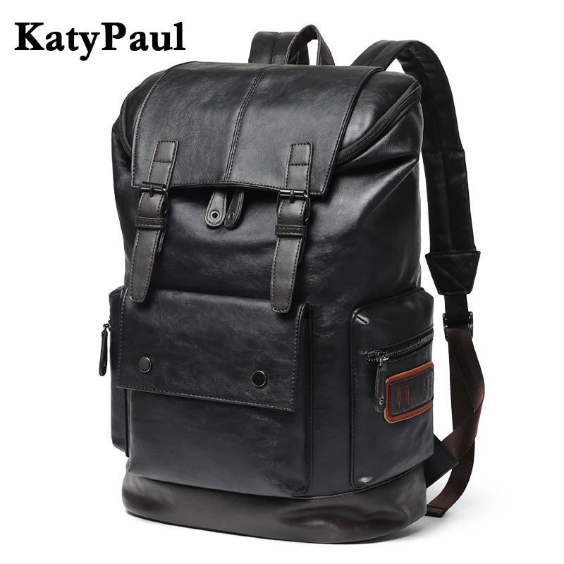 KatyPaul Brand Men's Leather High Quality Backpack Youth Travel Rucksack School Laptop Bags Male Business Shoulder Bag Mochila