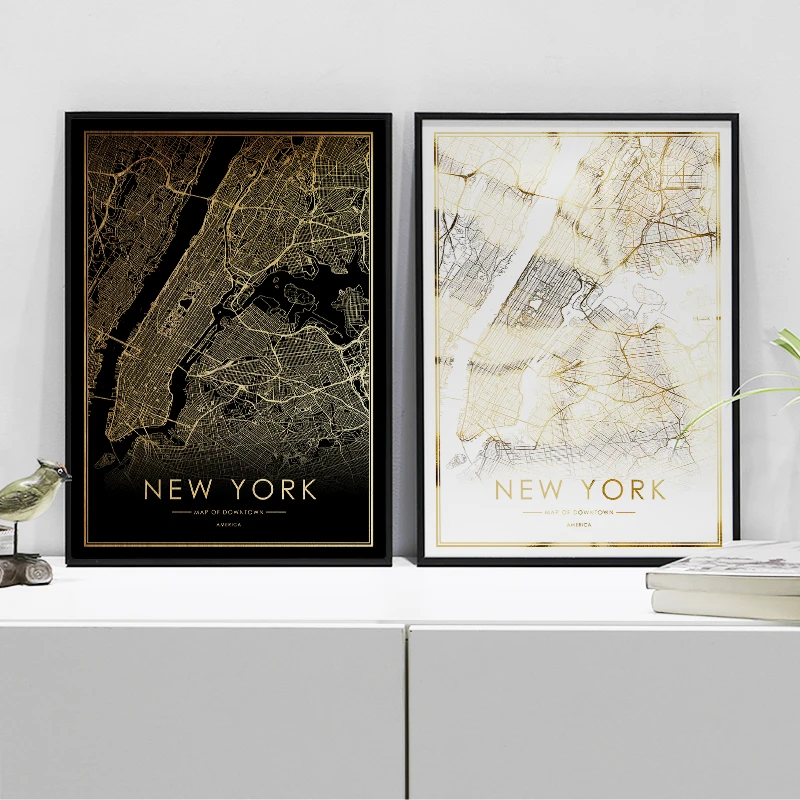 Нью-Йорк, Карта города, плакат, настоящая Золотая фольга, карта мира, принты для настенного искусства, холст, Декор, картина для скандинавского стиля, для гостиной, подарок