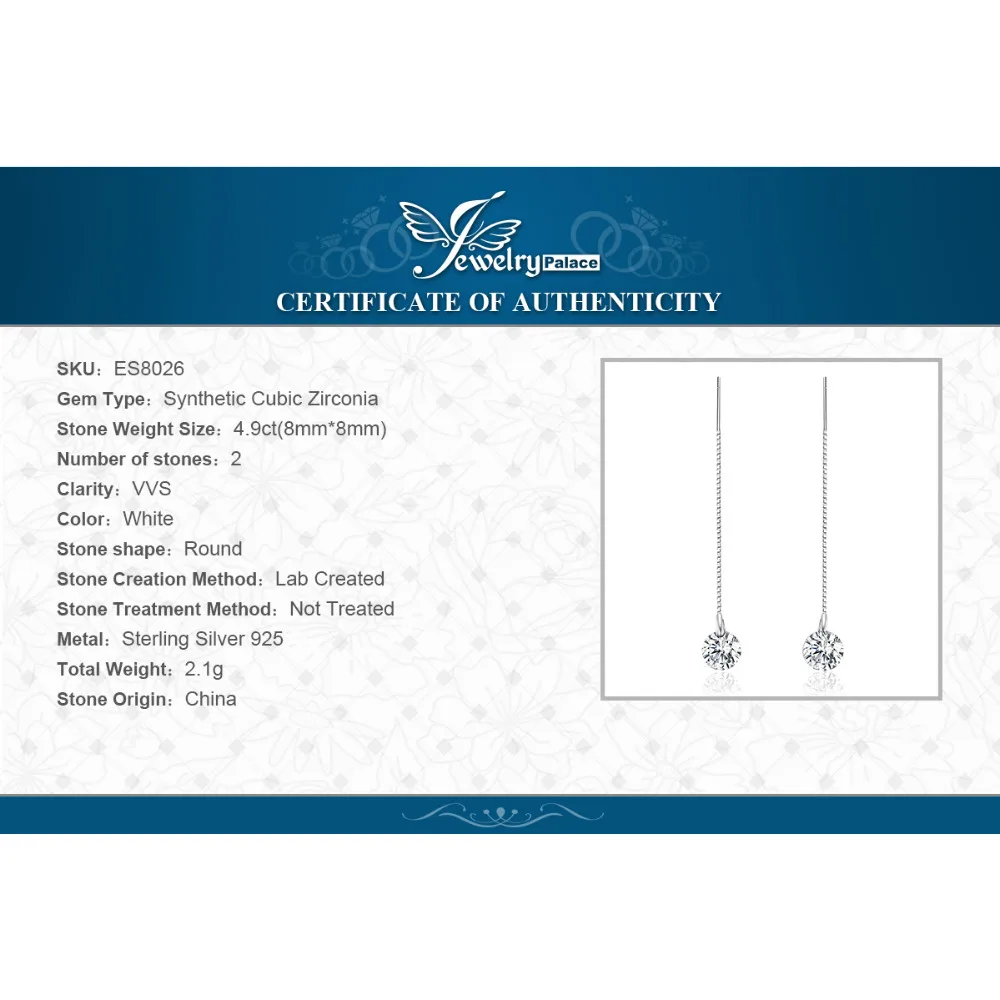 JewelryPalace 5.2ct круглой огранки серьги Настоящее 925 пробы серебро длинные модные