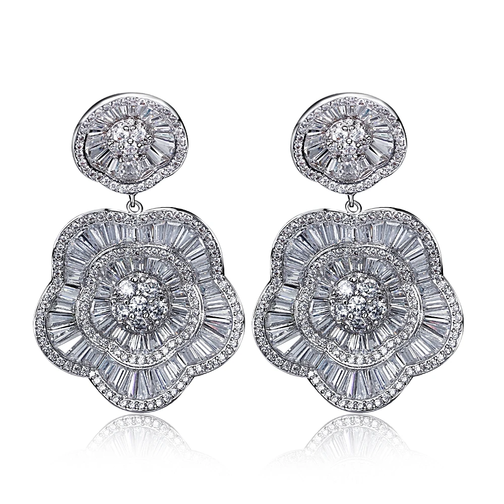 

Fashion Hyperbole Drop Earrings Latest Elegant Lady Gold Color Clear Zirconia Jewelry For Brides Long Teardrop Big Earrings