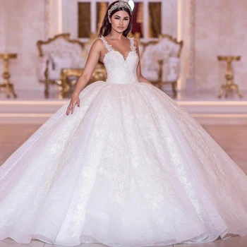 شراءفساتين زفاف طويلة من الدانتيل الأبيض الفاخر 2020 Vestido De Noiva منتفخ الكرة ثوب الأشرطة فستان الزفاف فساتين الزفاف رداء دي ماري