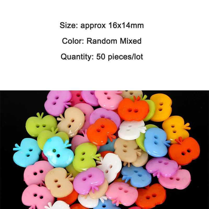 

50Pcs 16x14mm Random Color Apple 2Hole Plastic Buttons for Scrapbooking Craft DIY Children Clothes Sewing Accessories Decoration