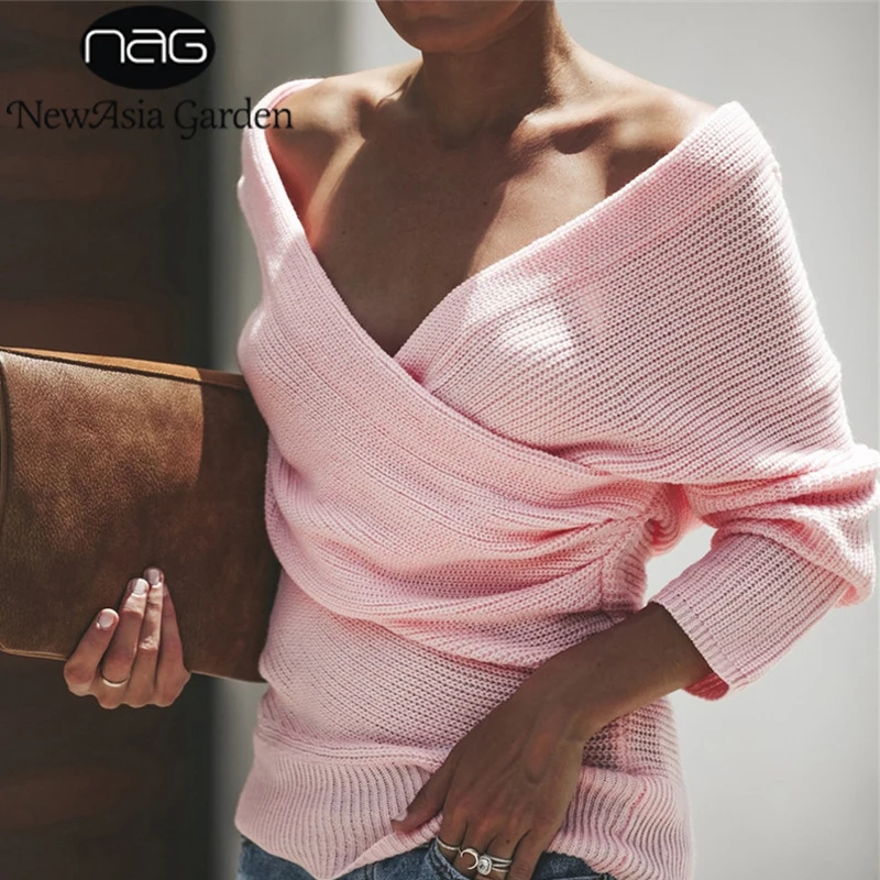 

NewAsia Garden Sexy Off Shoulder Sweater Autumn Winter Sweater Women Pullover Knitted Sweater Women Deep V Neck Pullover 2018