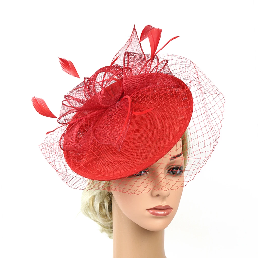 Elegant Women Ladies Sinamay Hat Feather Headband Clip Fascinator Veil Wedding Party Royal Ascot Hair Accessories