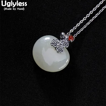 

Uglyless 100% Real 925 Sterling Silver Handmade Plum Blossom Pendants for Women Natural White Jade Necklaces NO Chain Fine Jewel