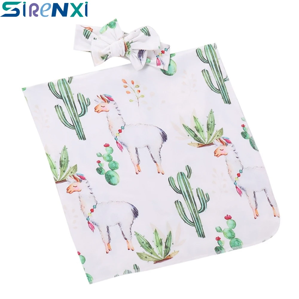 

SIRENXI 2Pcs Newborn Baby Swaddle Blanket Set Infant Alpaca Cactus Cute Sleeping Swaddle Muslin Wrap With Sweet Headband