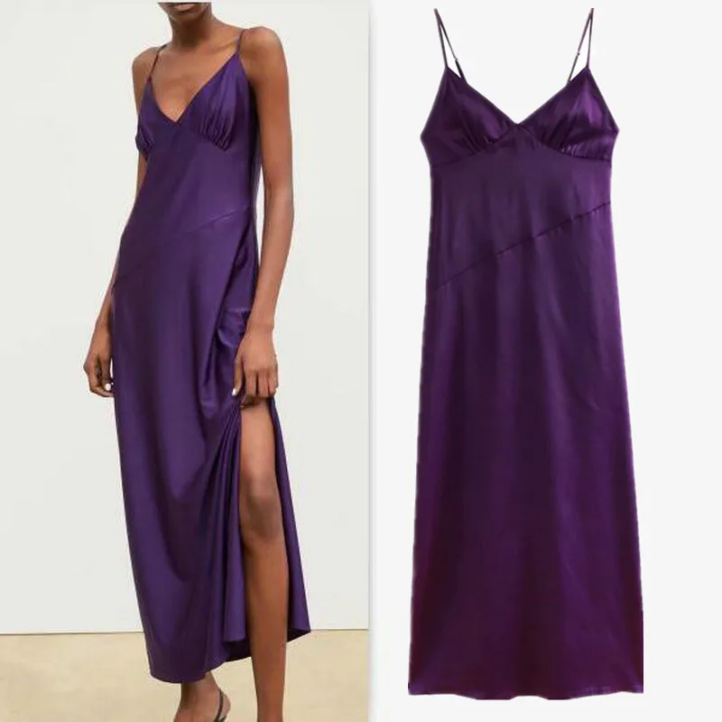 

2019 Summer Ladies Elegant Party Dress Women Sexy Purple Camisole Maxi Dress Backless Solid Color Dress Vestidos