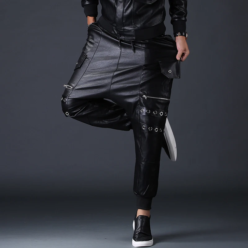 2019 брюки из искусственной кожи мужские с заклепками Jogger ПУ шаровары падение