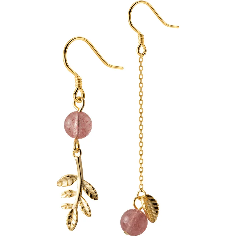 

Asymmetric Natural Strawberry Quartz Leaves 925 Sterling Silver Dangling Earrings