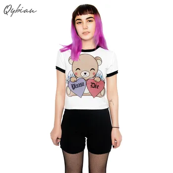

2019 New Women Summer Cartoon Bear Print T-shirt Sexy Cute Crop Tops Short Sleeve Slim Fit O Neck Whitetees