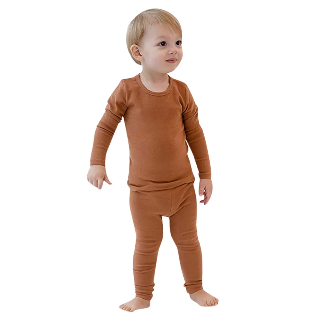 Для новорожденных комплект детской одежды одежда для малышей с длинными рукавами для мальчиков и девочек Однотонные Топы+ брюки пижамы набор ночного белья одежда для малышей