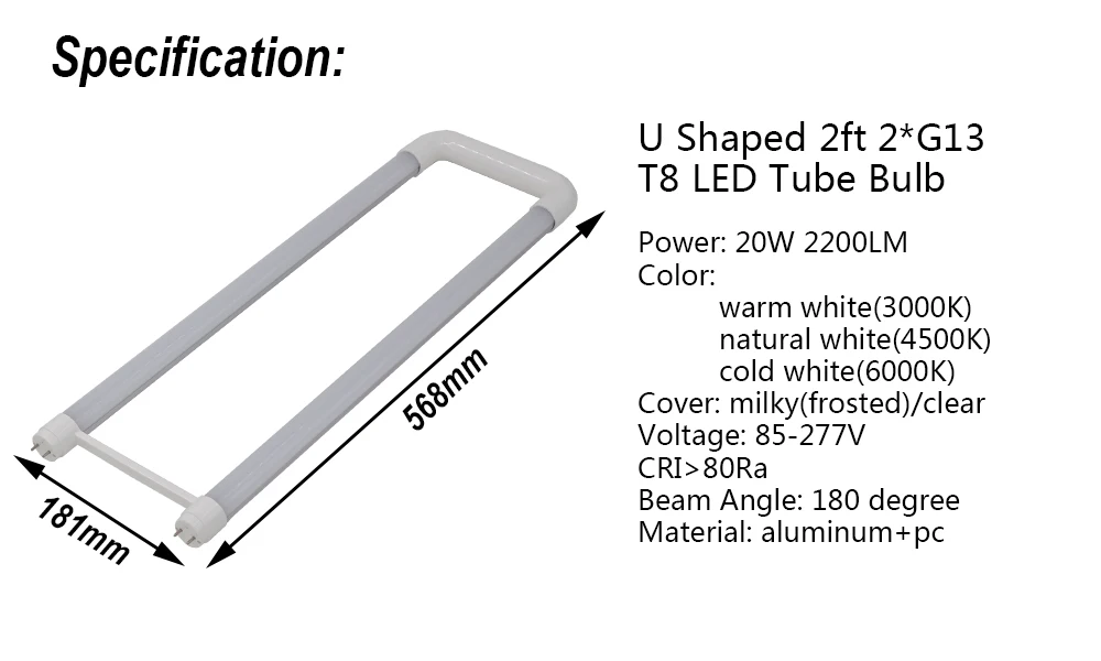 T8 U Bend Shape LED Tube 2FT 20W G13 BI-Pin Retrofit Bulb Shop Lights 2-10 Pack 