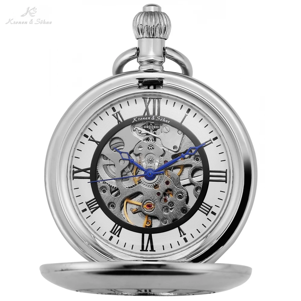 

KS Luxury Silver Polished Case Skeleton Steampunk Fobs Chain Retro Onion Crown Men Hand Winding Mechanical Pocket Watch /KSP088