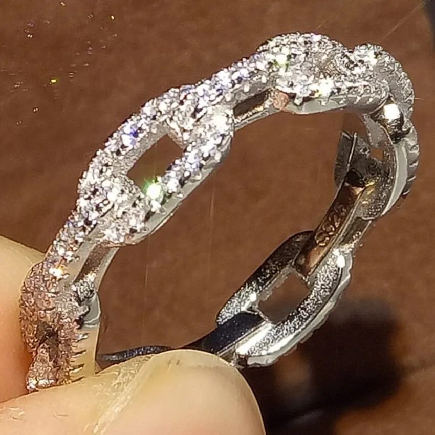 

Brand New Women Fashion Jewelry 100% Pure 925 Sterling Silver Pave 5A CZ Brand New Female Cute Wedding Chain Band Ring Gift Box