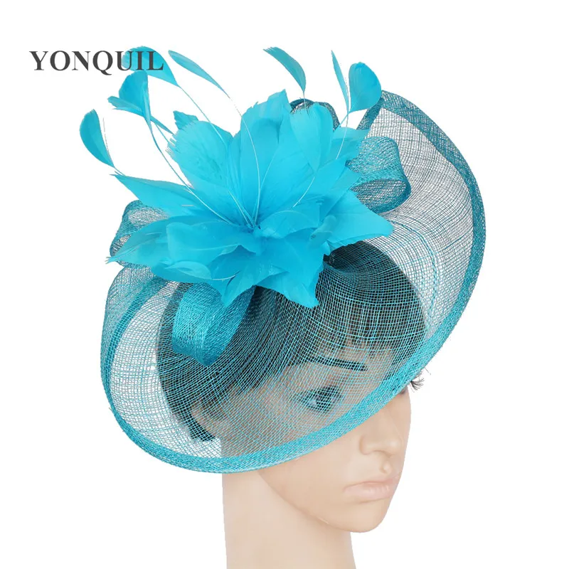Высокое качество 18 цветов на выбор Коктейльные шляпы sinamay основа с пером цветок чародей аксессуары для волос повод Свадебные шляпы - Цвет: turquoise