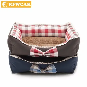 

RFWCAK Cotton Lattice Bow Lace Kennel Puppy Sofa Pet Dog Bed Baskets Middle And Small Dog House Mat Pad Cat Nest Pet Supplies