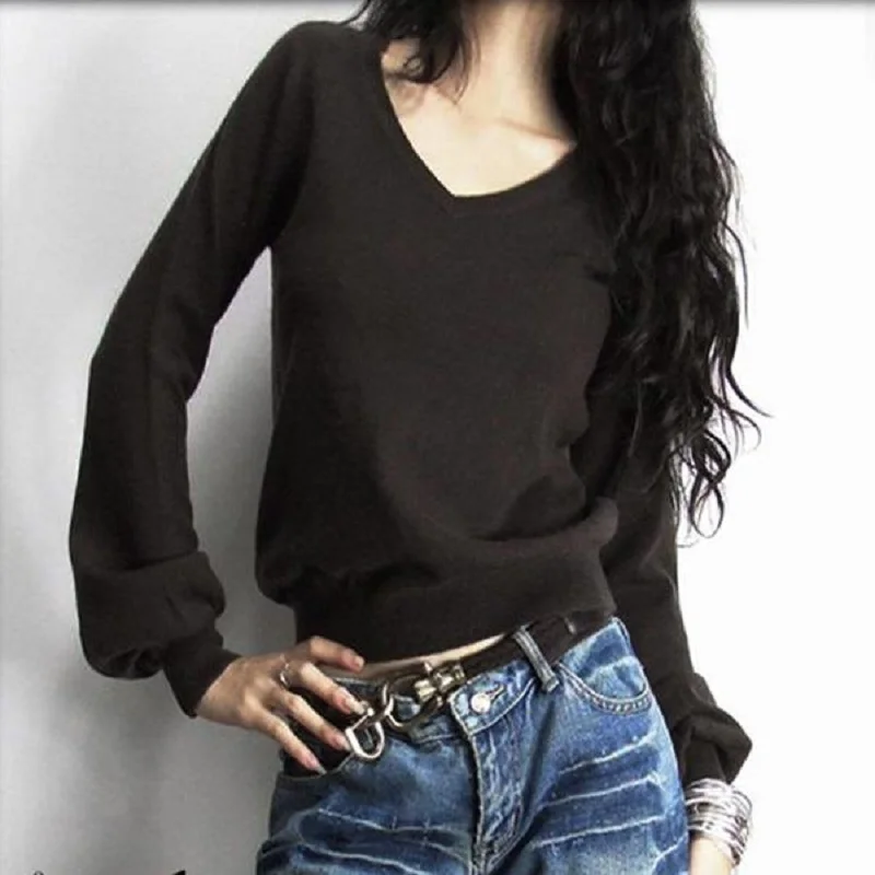 

Puff Sleeve High Quality Women's V-Neck Pullover Sweater Fashion Loose Style Pure Color Cashmere Wool Sweater Free Shipping